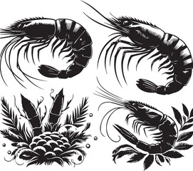 Obraz premium Vector illustration of a shrimp, a member of the Caridea order, depicted in a scratchboard style. This hand-drawn image captures the intricate details of the shrimp's anatomy