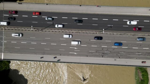 Aerial of Bruderm&uuml;hlbr&uuml;cke in Munich, Bavaria, Lots of traffic at rush hour, cars on a bridge in 4k