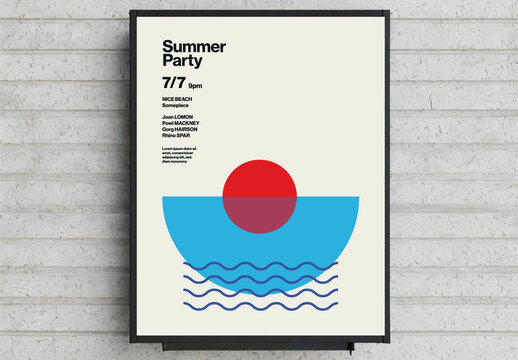 Summer Party Poster Template with Abstract Sun and Waves