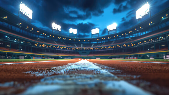 Baseball stadium seen from the bleachers at night, Generative AI