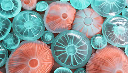 Quallen, hintergrund, orange-t&uuml;rkis, neu, close up, pattern, glitschig, qualle, meer, wasser, tier, textur, apricot, pastell, sch&ouml;n, muster, abstrakt, design, kunst, artwork, kreativ, gestalten, 3d, 