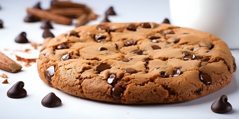 Fototapeta premium Close-up of a scrumptious chocolate chip cookie against a white backdrop. Concept Food Photography, Dessert Close-ups, Sweet Treats, White Background, Chocolate Chip Cookie