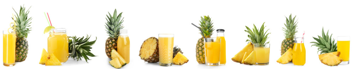 Set of fresh pineapple juice on white background