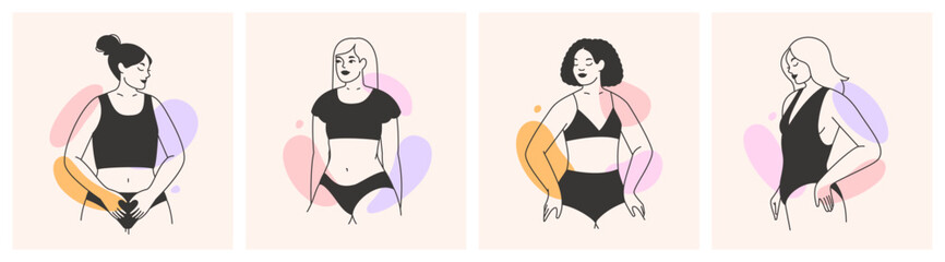 Woman body set. Beautiful women in underwear, lingerie. Female beauty, body care concept. Abstract simple hand drawn line art, simple shapes. Minimalist isolated flat vector illustrations