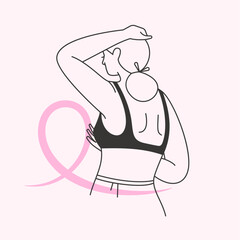 Breast cancer awareness month. Young woman doing a breast self examination. Manual cancer exam. Minimalist hand drawn illustration of a female with a pink ribbon. Isolated flat vector design