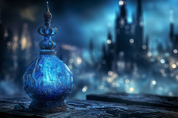 Glass bottle in the style of gothic, Dubai insade the bottle, vintage and ornate, vintage, fantasy, magic [mana] potion, Shimmer for drinks, glitter for drinks, very bright light from inside, fantasy 