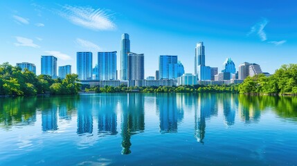 Modern city skyline with skyscrapers and a clear blue sky over a lake, with reflections of buildings on the water surface.