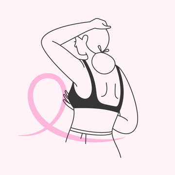 recommend clip art: Breast cancer awareness month. Young woman doing a breast self examination. Manual cancer exam. Minimalist hand drawn illustration of a female with a pink ribbon. Isolated flat vector design