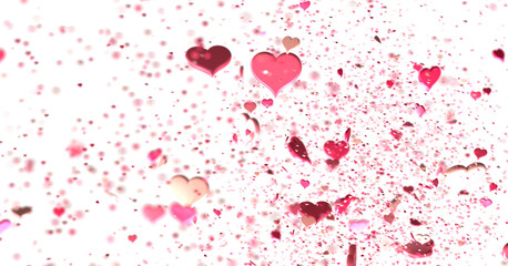 colorful flying hearts on a blue background. 3d