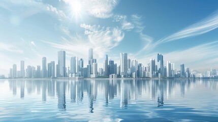 Fototapeta premium Modern city skyline with skyscrapers and a clear blue sky over a lake, with reflections of buildings on the water surface.