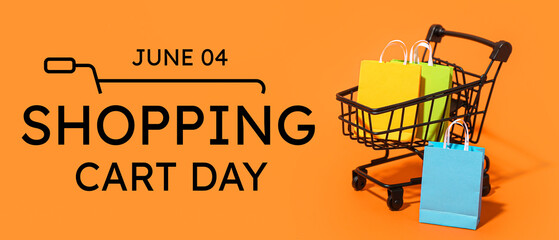 Small shopping cart with bags on orange background