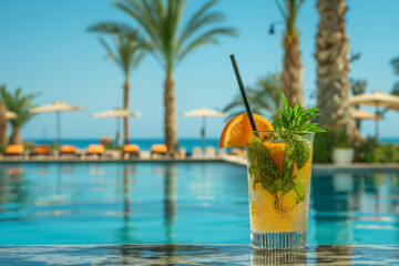 Juicy summer coctail on the shore of the pool, palm trees, umbrellas, summer offer, stock photo, deep feld