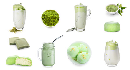 Set of matcha drinks and desserts on white background