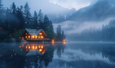 Fototapeta premium Illuminated Wooden house in the forest on a calm reflecting lake with the foggy mountains in the background at dusk