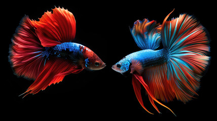 Obraz premium Betta fish,Siamese fighting fish,Betta splendens,Fighting fish.Capture the moving moment of betta fish or red-blue siamese fighting fish isolated on black background