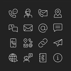 Contact us icon set, white on black background. Options for contacting business support. Consultation, question answering. Customizable thickness.