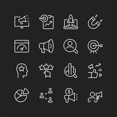 Marketing Strategies icons, white lines on black background. Icons depicting advertisement creation, target audience analysis, and product promotion strategies. Customizable line thickness