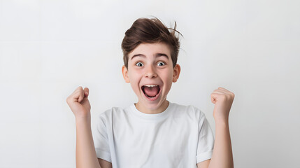 teenage boy displaying excitement and enthusiasm on white backdrop. generative ai