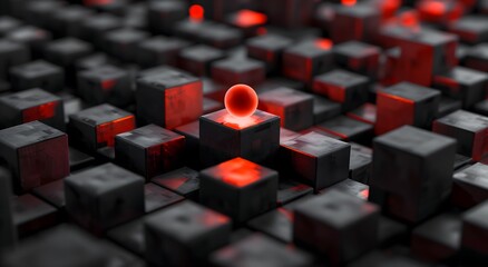 Fototapeta premium Hundreds cubes arranged rows on floor minimalistic black grey scene glowing orange sphere between blocks Minimalistic Scene Concept