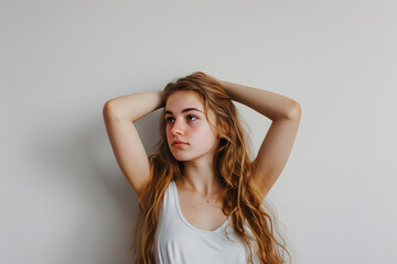 Fototapeta premium young woman looking calm and serene against white background. generative ai