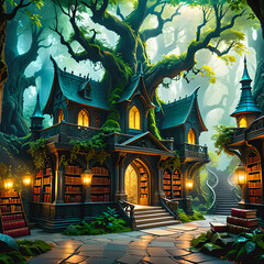 Obraz premium A magical library surrounded by enchanted trees in a mystical forest, where books come alive with stories of wizards, dragons, and ancient mysteries waiting to be unraveled.