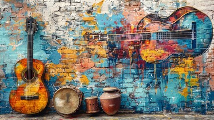 Colorful graffiti wall with musical instruments evoking urban street style