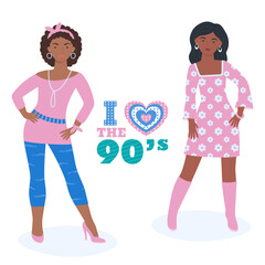 A set of girls in retro style. 90 characters. y2k characters. Fashion of the 90s.