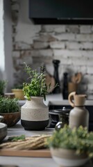 A white kitchen countertop with utensils and home decor on a white brick wall background, a mockup for product presentation interior design