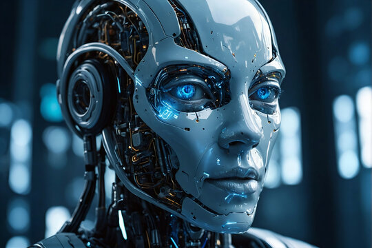 Humanoid head, ai futuristic robor portrait with blue neon eyes, sleek glowing body, cyborg assistant, futuristic technology and artificial intelligence.