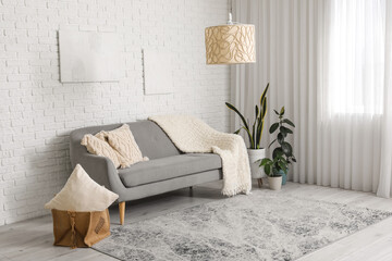 Interior of stylish living room with cozy sofa near window