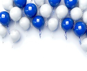 3d blue and white balloons on bottom of picture, isolated on white background, birthday party decoration, wall backdrop, 2056x4798 pixels