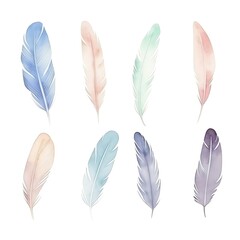 A vibrant collection of watercolor feathers in pastel colors, perfect for artistic and decorative designs.