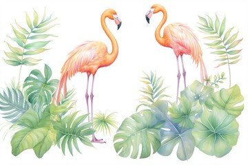 Fototapeta premium A vibrant illustration of two pink flamingos standing among lush tropical foliage, set against a white background, enhancing the exotic theme.