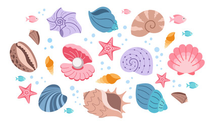 Set of seashells in flat design. Collection of illustrations of colorful seashells on a white background.

