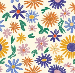 A seamless pattern featuring colorful floral designs with suns and large flowers in pastel hues on an off-white background.