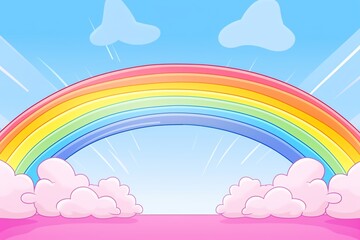 Colorful cartoon rainbow over pink clouds against a blue sky. Perfect for children's themes and vibrant, cheerful designs.