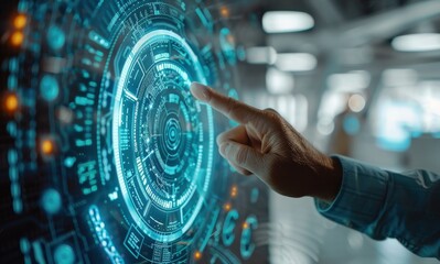 A Mans Hand Interacting With a Futuristic Digital Interface