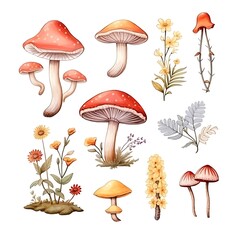 Colorful illustration of various mushrooms and flowers, perfect for nature-themed designs and artistic projects.