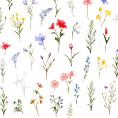 Fototapeta premium Colorful, delicate wildflower pattern on white background. Perfect for nature lovers, spring themes, and botanical designs.