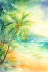 Serene watercolor painting depicting a tropical beach scene with lush palm trees, clear blue waters, and a beautiful sunrise.