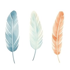Three watercolor feathers in pastel shades of blue, green, and orange, isolated on a white background. Elegant and delicate art illustration.