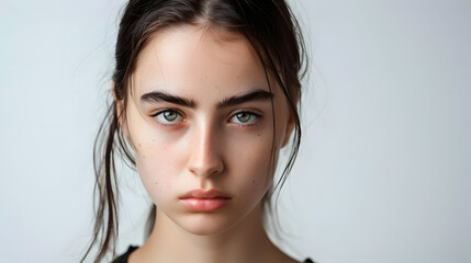 Fototapeta premium teenage girl with a serious and focused expression on white backdrop. generative ai