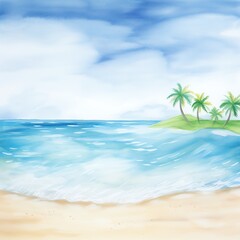 Tranquil beach scene with clear blue sky, gentle waves, and palm trees on the horizon. Perfect for a summer getaway.