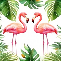 Fototapeta premium Vibrant watercolor illustration of two pink flamingos surrounded by lush green tropical leaves, perfect for vibrant decor and designs.
