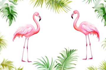 Fototapeta premium Watercolor illustration of two pink flamingos surrounded by tropical leaves. Perfect for summer-themed designs and nature-inspired art.