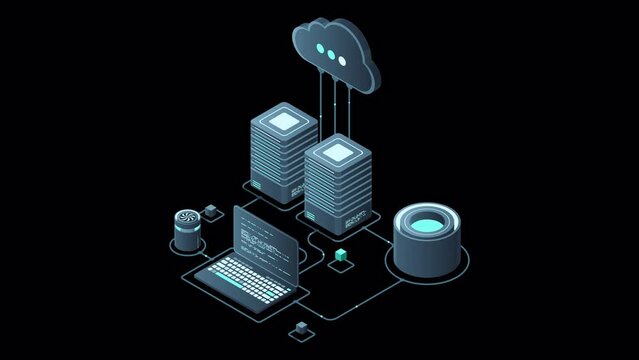 Cloud technology computing animation. Modern cloud technology. Data center isometric concept. Isometric cloud technology with datacenter. Web hosting concept. Transparent background with alpha channel
