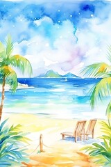 Watercolor painting of a tropical beach with palm trees, chairs, and a serene ocean view under a bright blue sky with white clouds.