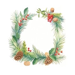 Watercolor square Christmas wreath with pinecones, green leaves, and red berries against a white background, perfect for holiday designs.