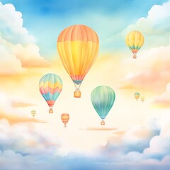 Fototapeta premium Whimsical digital illustration of colorful hot air balloons floating in a dreamy, pastel sky with soft clouds at sunrise.