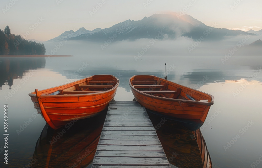 Wall mural Two Rowboats Moored on a Wooden Dock at Sunrise in the Alps